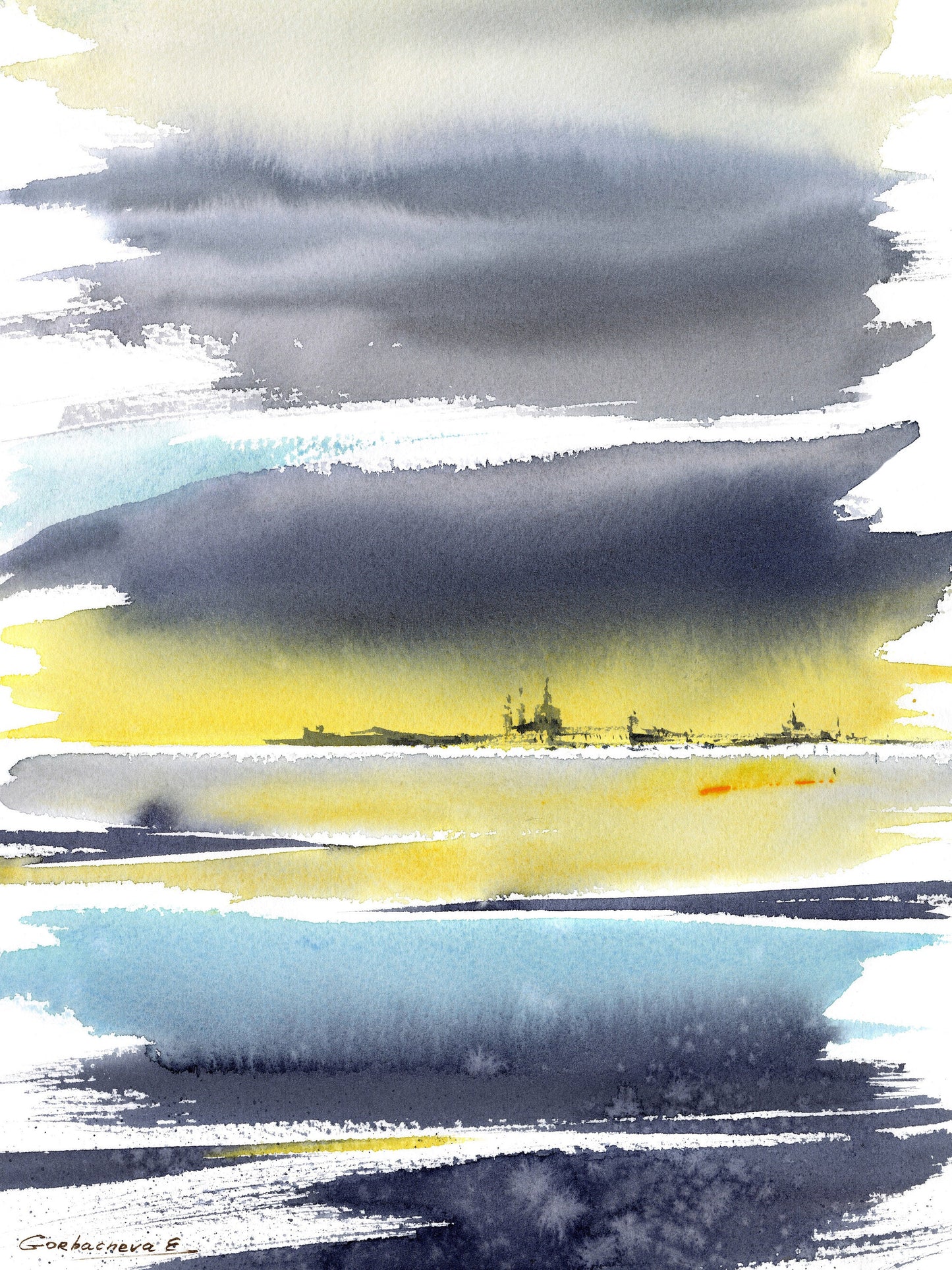 Abstract City Set Of 3 Art Prints, Ghost Town On Water, Modern Art, Yellow, Blue, Gray, Print Of Original Watercolor