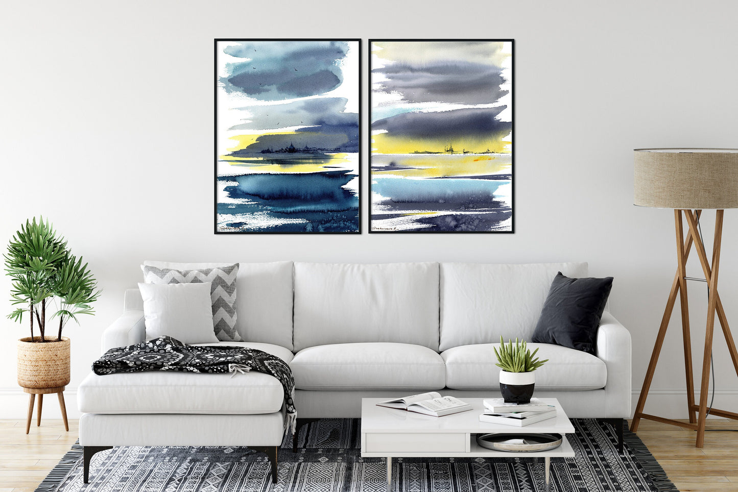 Set Of 2 Piece Abstract City Skyline, Contemporary Watercolor Art, Blue, Yellow, Gray, Venice Art, Archival Print