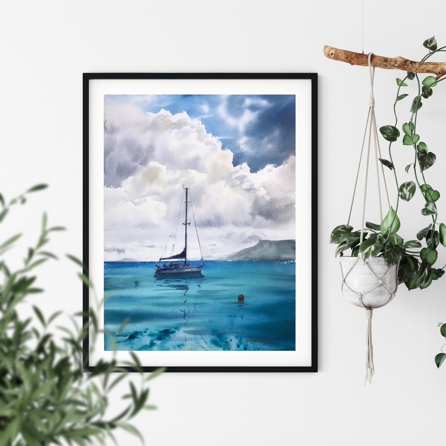 Sailboat Painting Original, Watercolour Seascape One Of a Kind Artwork, Gift for Him, Blue Sea, Yachting Art