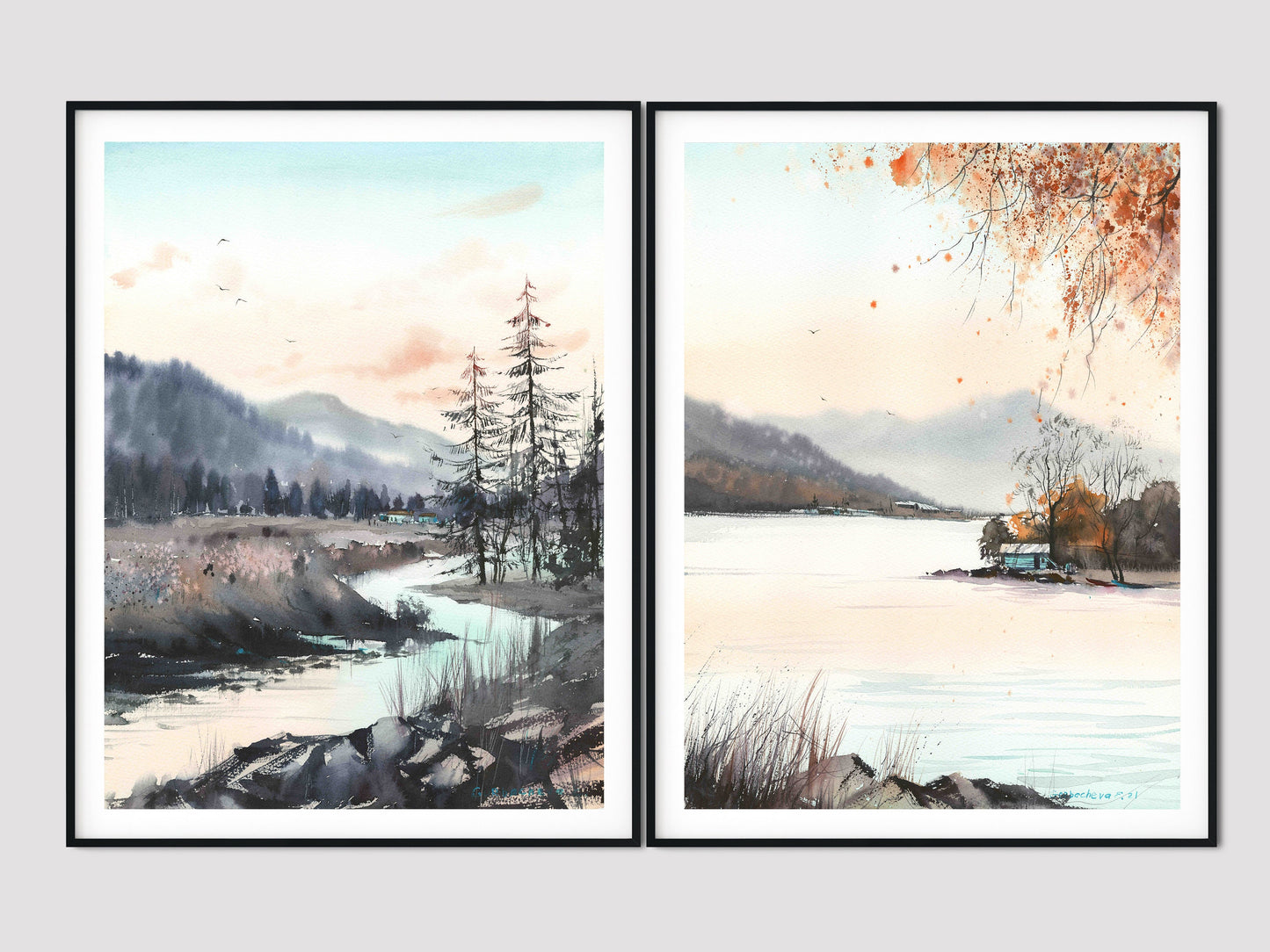 2 Piece Nature Set, Mountain Forest Art Prints, Pine Trees Wall Decor, Modern Paintings, Bedroom Decor, Giclee Print