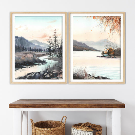 2 Piece Nature Set, Mountain Forest Art Prints, Pine Trees Wall Decor, Modern Paintings, Bedroom Decor, Giclee Print