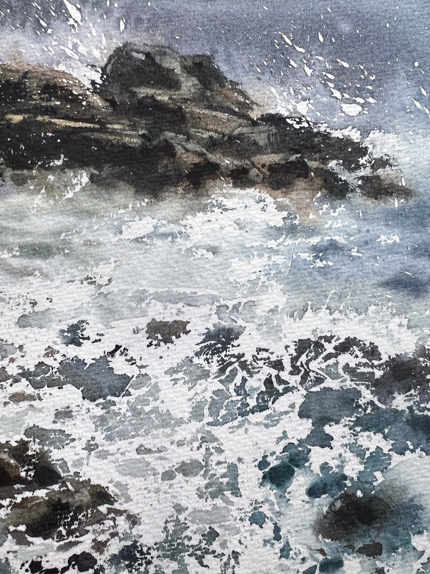 Waves and Rocks Painting, Watercolor Original Artwork, Blue Sea Art, Seascape, Coast, Hand-painted Ocean Home Decor