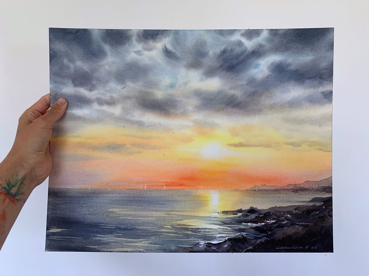 Sea Sunset Painting Original Watercolor, Beach Art, Coastal Living Room Wall Decor, Unique Gift, Orange, Blue, Clouds