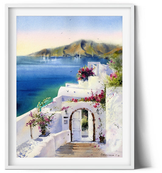 Santorini Art Print, Greece Island Painting, Coastal Living Room Wall Decor, Travel Watercolor Art, Large Canvas Print
