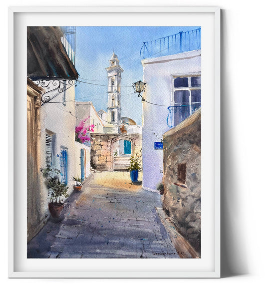 Girne City Painting Original, Coastal Watercolor Artwork, Northern Cyprus, Unique Gift For Travel Lover, Greece Wall Art