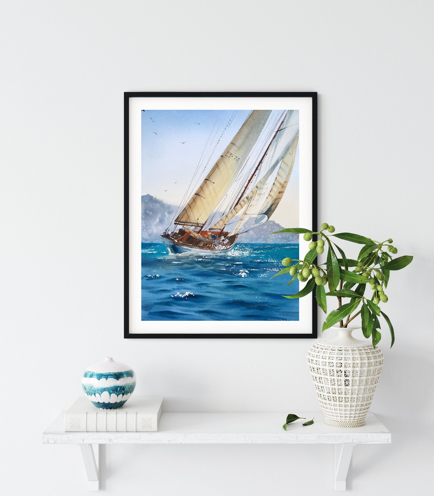 Sailboat Painting Original Watercolor, Yacht Artwork, Seascape Coast Art, Yachting Living Room Wall Decor, Gift, Blue