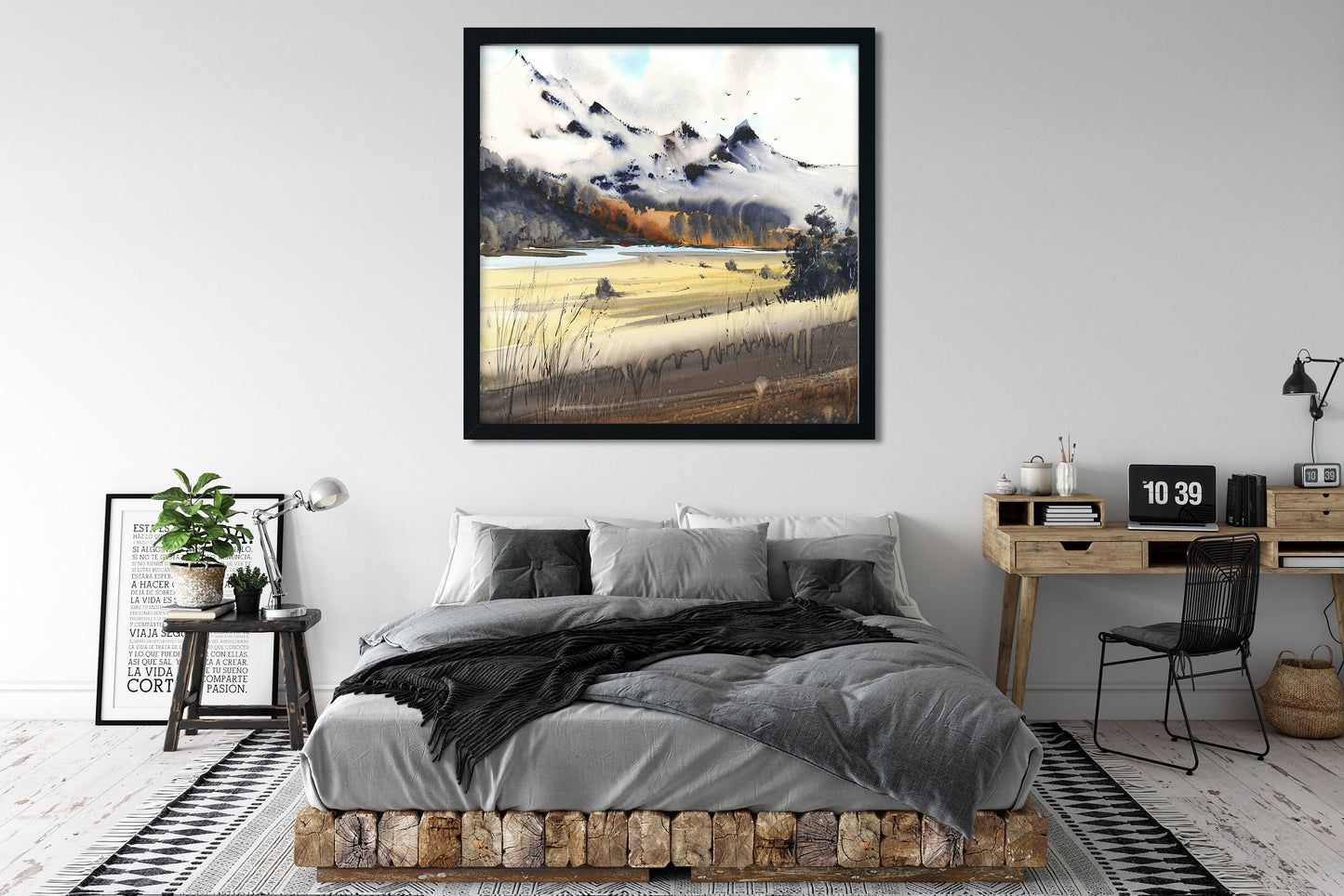 Mountain Square Print, Abstract Nature Painting, Watercolor Landscape, Extra Large Print on Canvas, Bedroom Wall Decor
