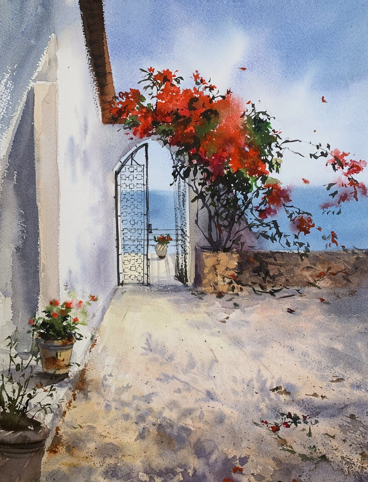 Bougainvillea House Painting, Original Watercolor Art, Greek Coastal City, Greece, Village Artwork, Forged Gate, Karmi