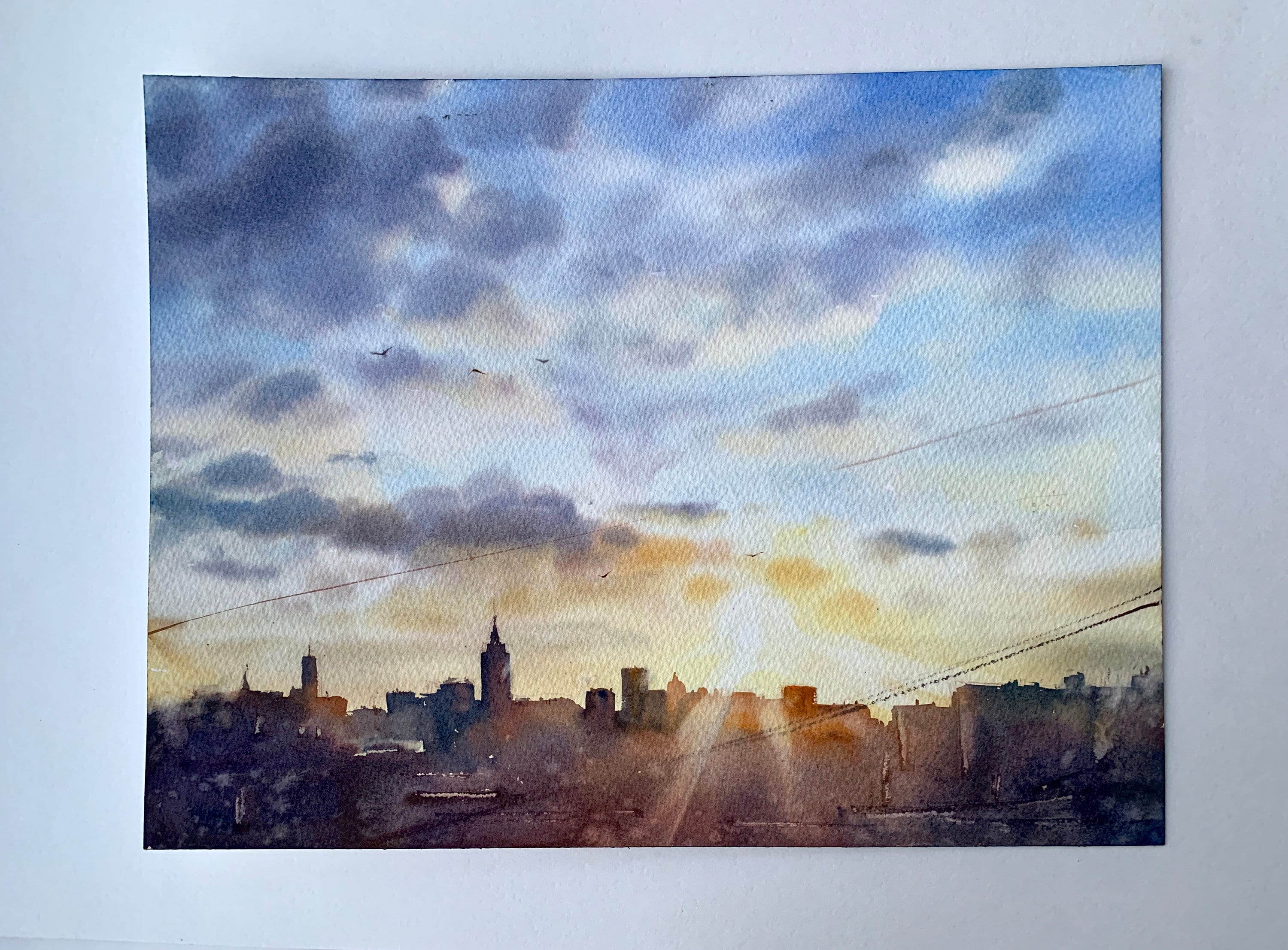 Winter Morning (original watercolor painting, landscape, cityscape, online sunrise)