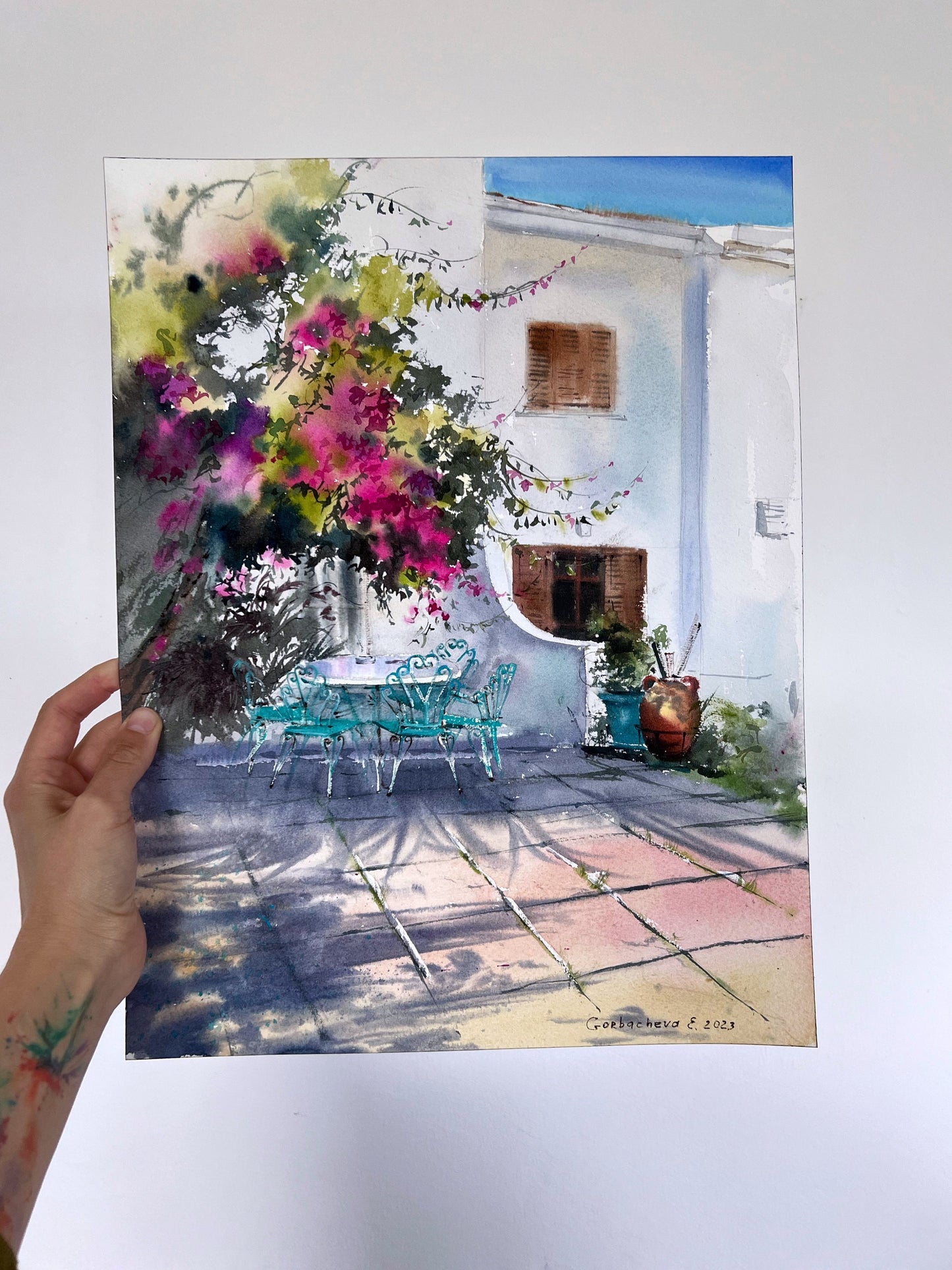 Coastal City Painting Original, Sunrise Watercolor Artwork, Greek Village, Greece Wall Art, Gift For Art Lover