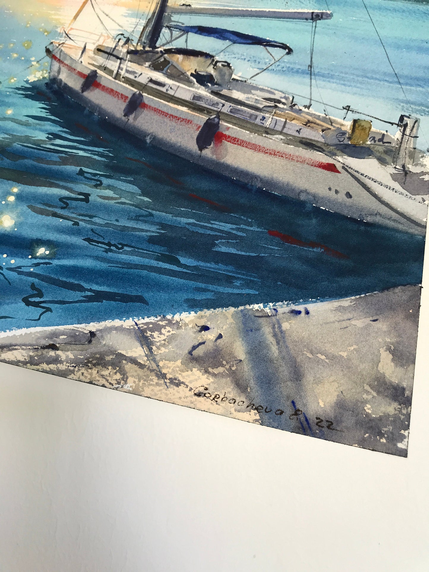 Nautical Painting Original Watercolor, Yacht Wall Art, Sailboat Pier Artwork, Seascape, Coastal Living Room Decor