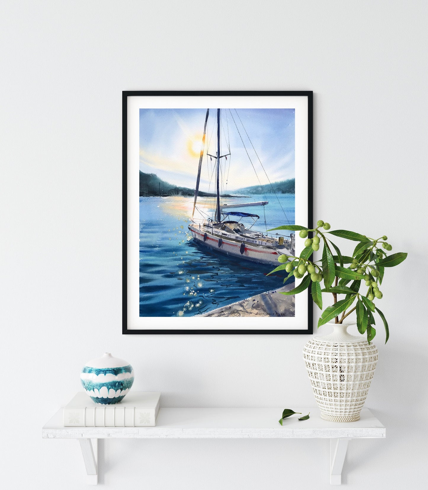 Nautical Painting Original Watercolor, Yacht Wall Art, Sailboat Pier Artwork, Seascape, Coastal Living Room Decor