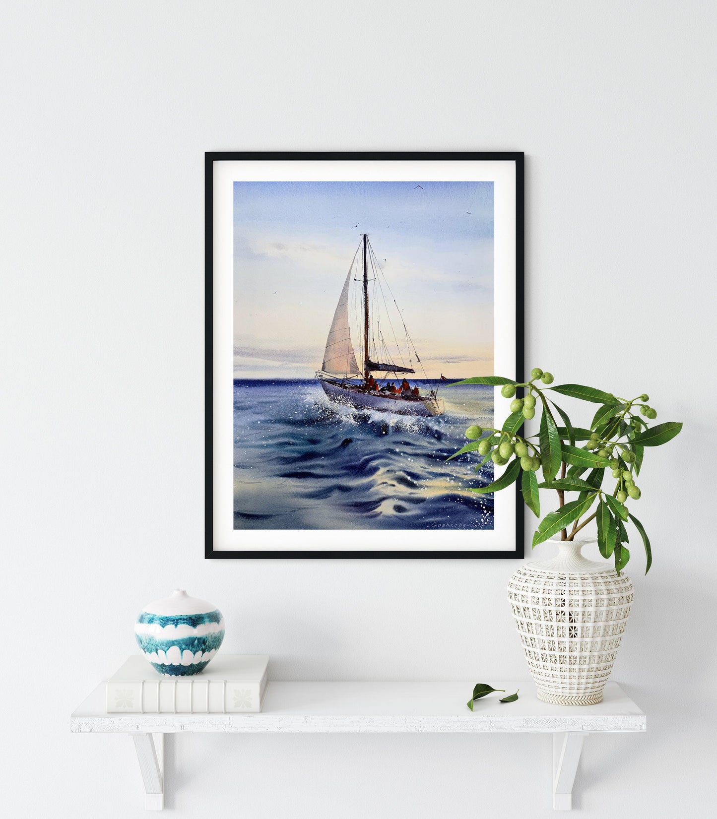 Sailboat Painting Original Watercolor, Nautical Wall Art, Sailing Artwork, Seascape, Sea Living Room Decor