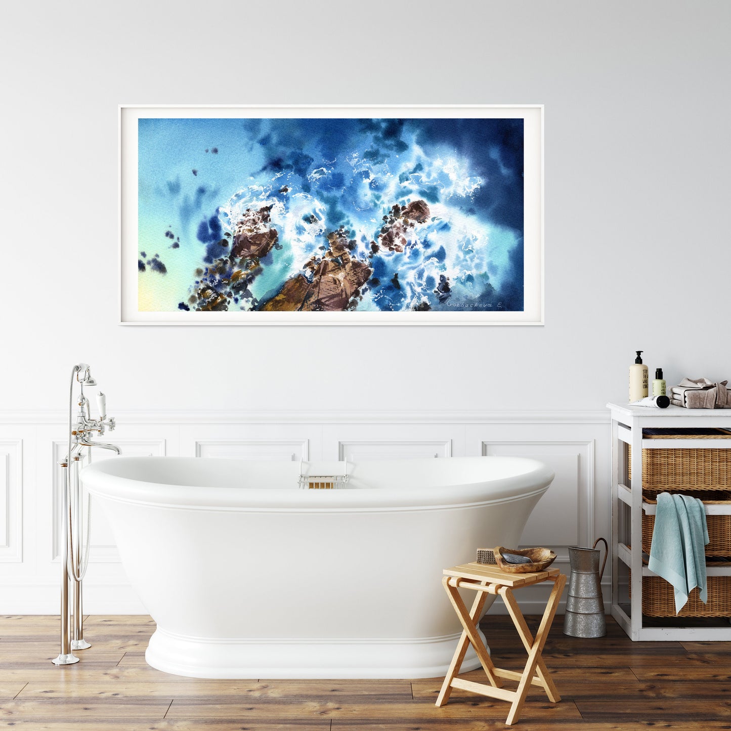 Panorama Coastal Art Print, Blue Sea Painting, Panoramic Ocean Art, Wave Living Room Wall Decor, Seascape, Coastline
