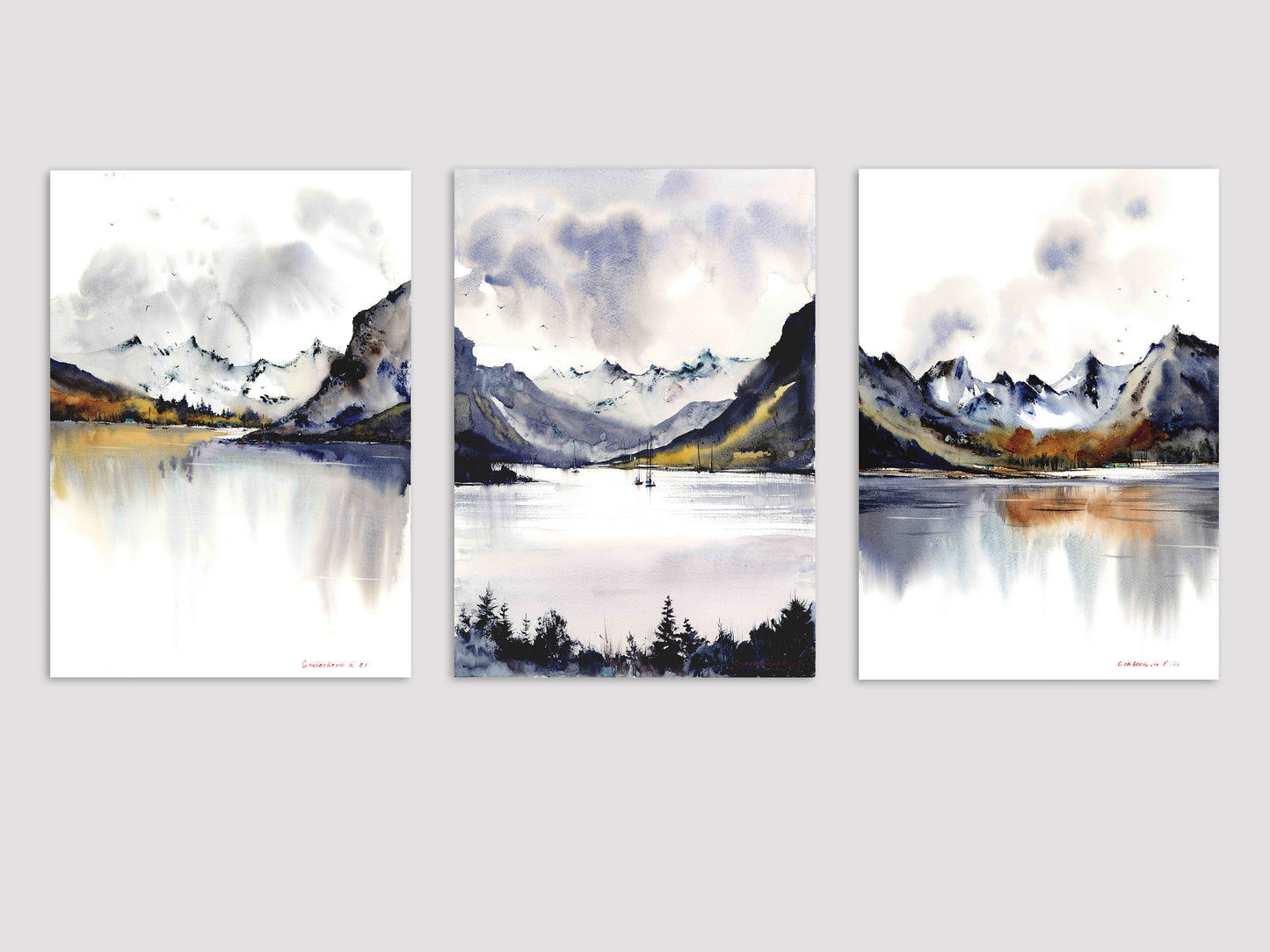 3 Piece Landscape Wall Art Prints, Set of 3 Mountain Lake Paintings, Extra Large Wall Art, House Decor, Autumn Print
