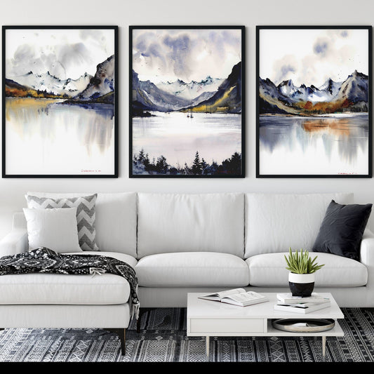3 Piece Landscape Wall Art Prints, Set of 3 Mountain Lake Paintings, Extra Large Wall Art, House Decor, Autumn Print