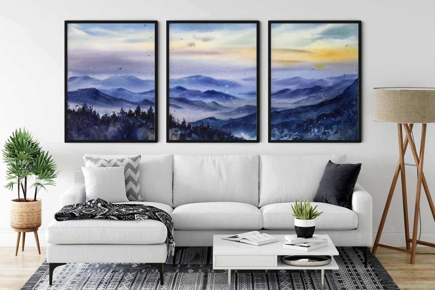 Set of 3 Fog Mountains Print, Nature Gallery Wall Prints, Blue Mountain Landscape 3 Piece Wall Art, Foggy Morning Forest