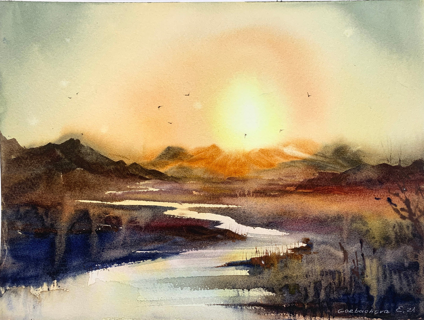 Modern Watercolor Landscape Painting Original, Mountain Wall Art, Abstract Sunset, Nature Art Decor, Orange, Gift