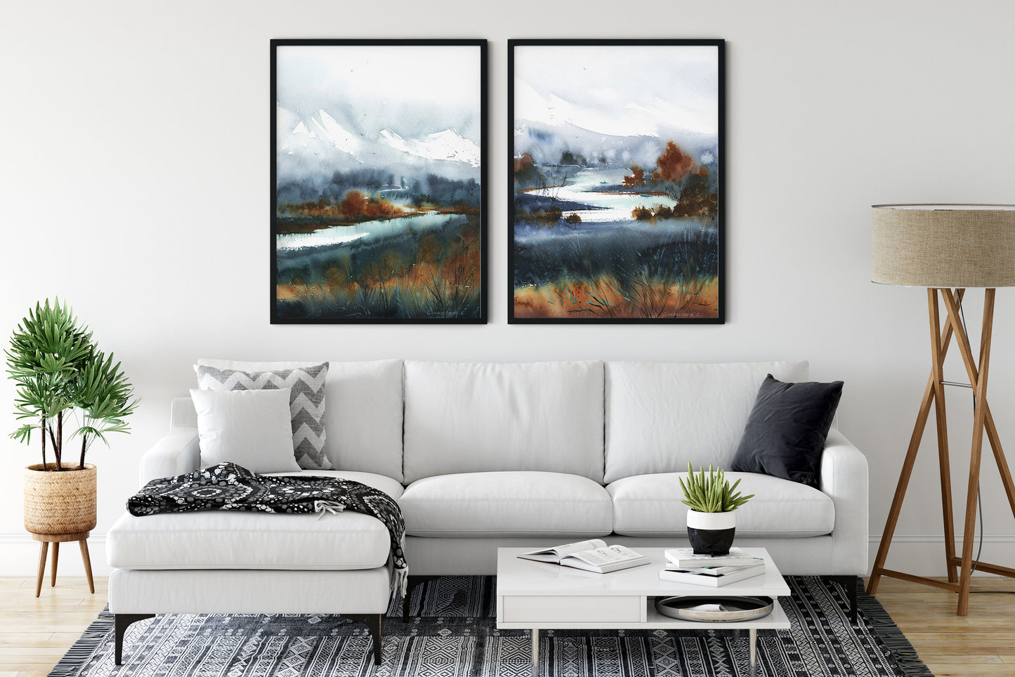 Modern Set of 2 Abstract Art Prints, Mountain Wall Art, Fall Landscape Painting, Living Room Decor, Extra Large Print