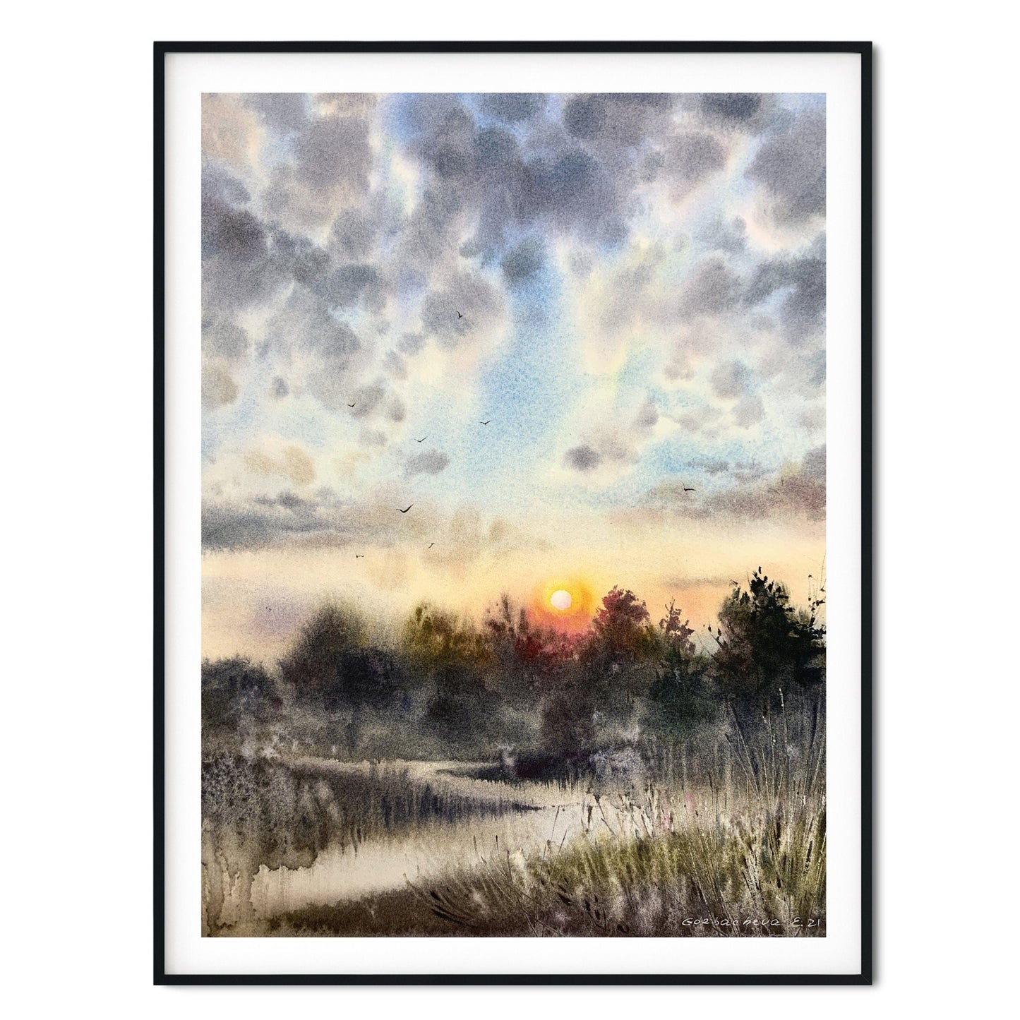 Foggy Field Scenery Painting, Original Watercolor Artwork, Country House Wall Art, Landscape In An Early Morning, Gift