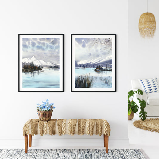 Abstract Mountain Print Set of 3, Minimal Turquoise Mountain Lake, Modern Living Room Wall Decor, Nature Wall Art