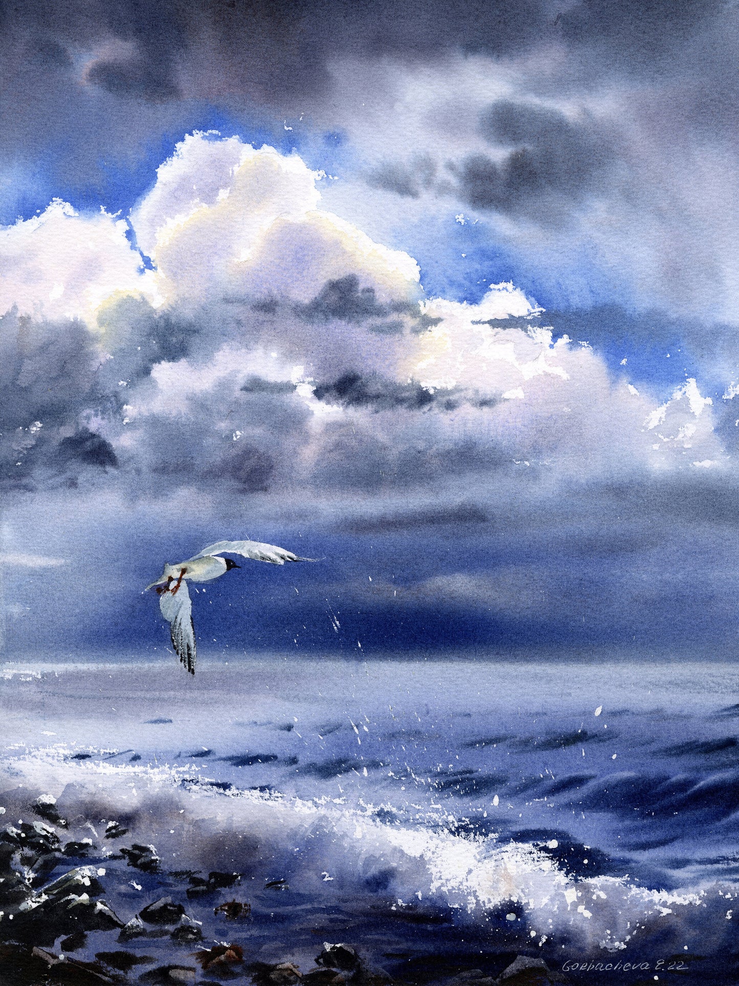 Watercolor Seagull Print, Coastal Wall Decor, Sea Large Painting, Blue Wave Rocks, Bird Art Giclée Fine Art Canvas Print