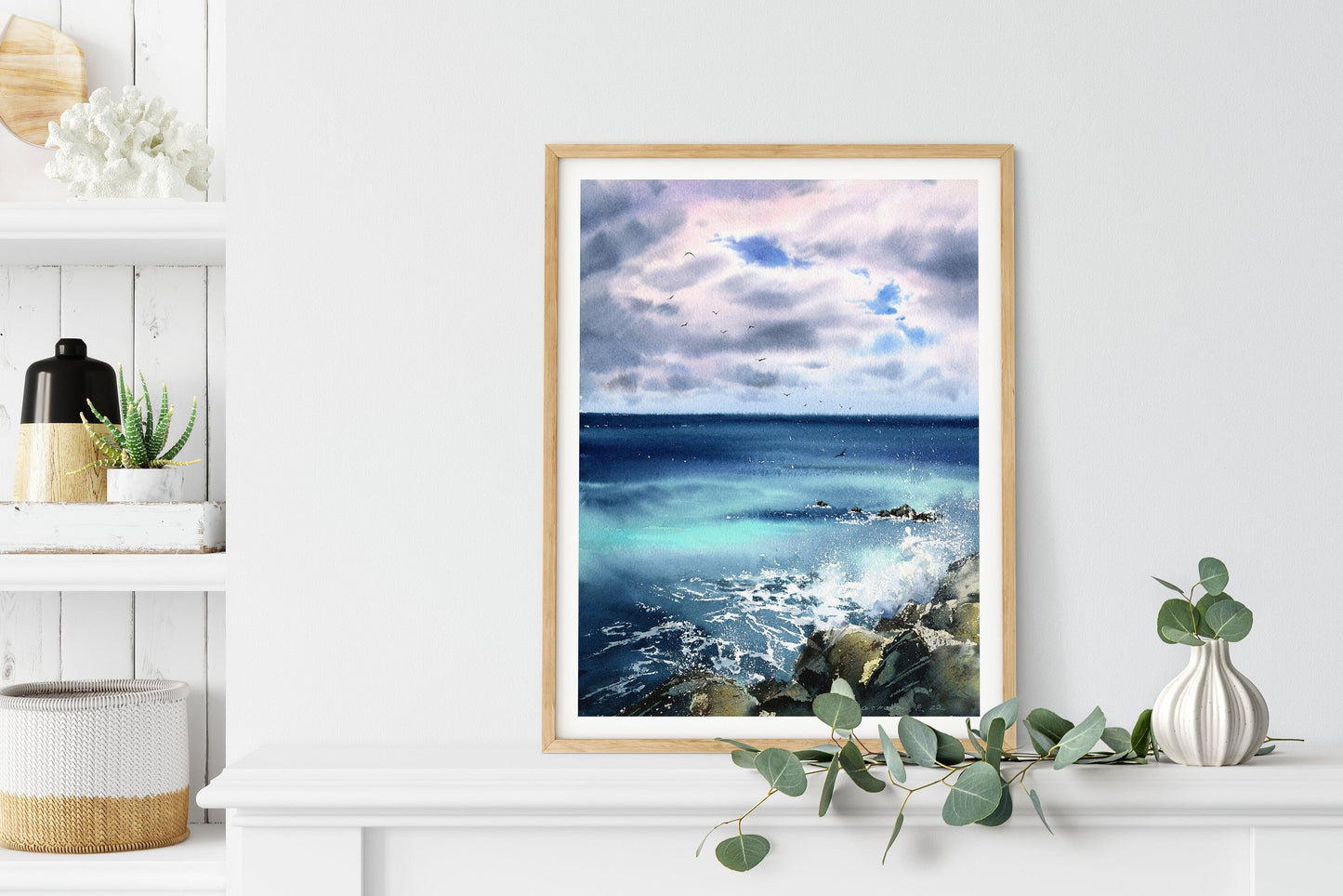 Sea Art Print, Coastal Wall Decor, Seascape Large Painting, Blue Wave Rocks, Canvas Prints, Home & Office Decoration