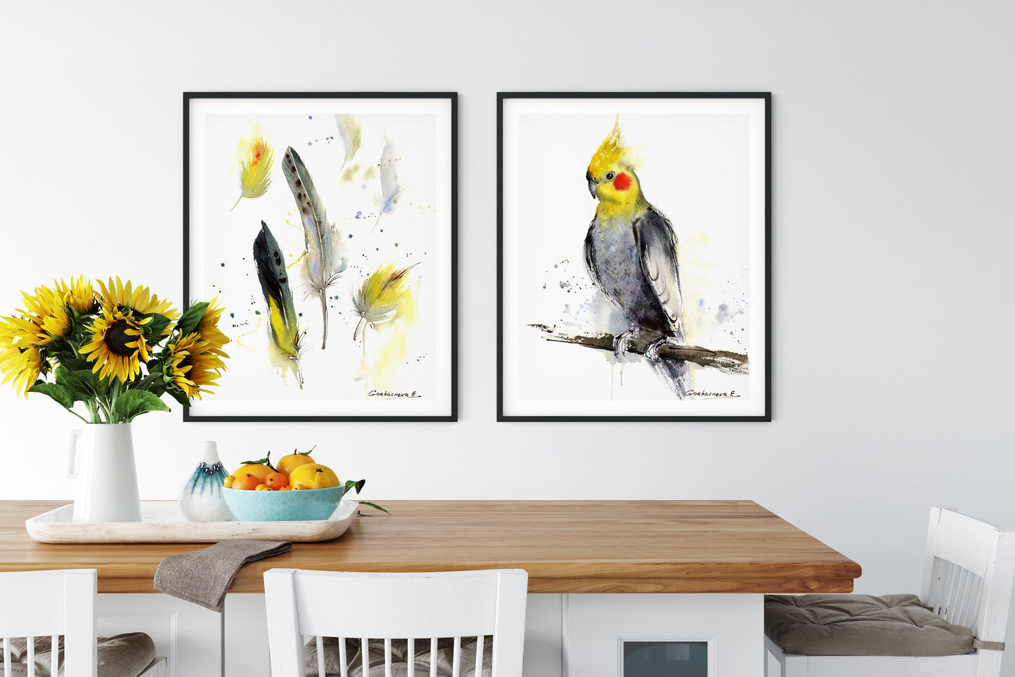 Watercolor Bird Set of 2, Art, Minimalist Art Prints, Tropical Birds Wall Art, Yellow Gray Cockatiel Decor