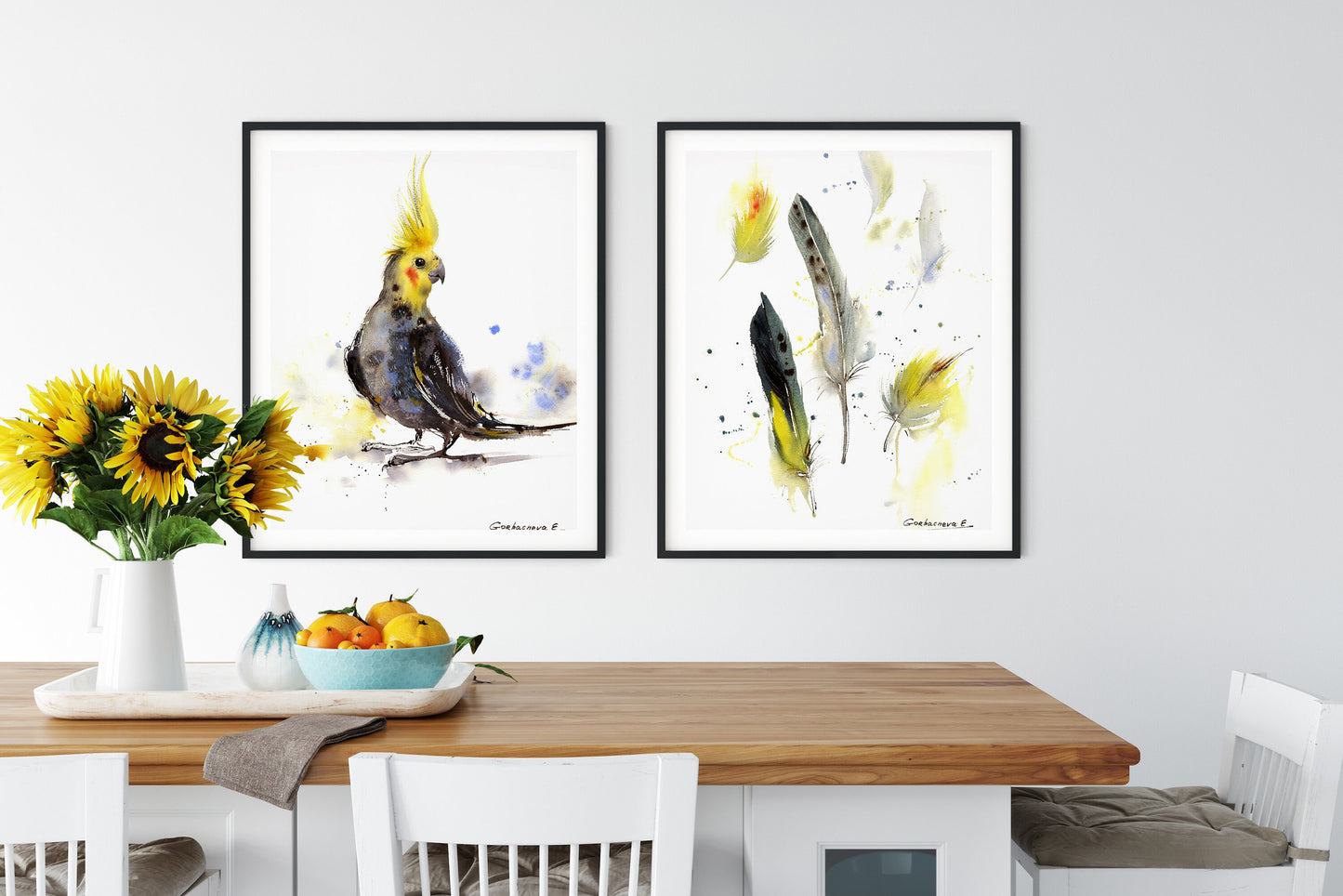 Yellow Gray Set of 2 Bird Art Prints, Tropical Living Room Wall Decor, Parrot Wall Art, Cockatiel Decor, Gift