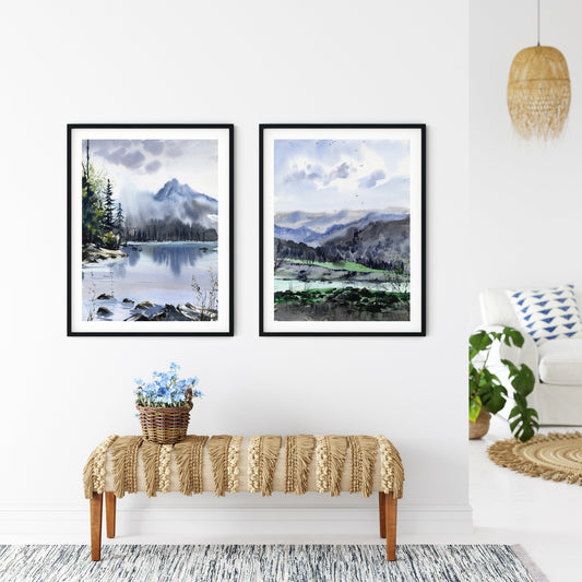 Mountain Print Set of 2, Watercolor Green Mountains, Abstract Landscape, Nature Print Set, Pine Forest Wall Art Decor