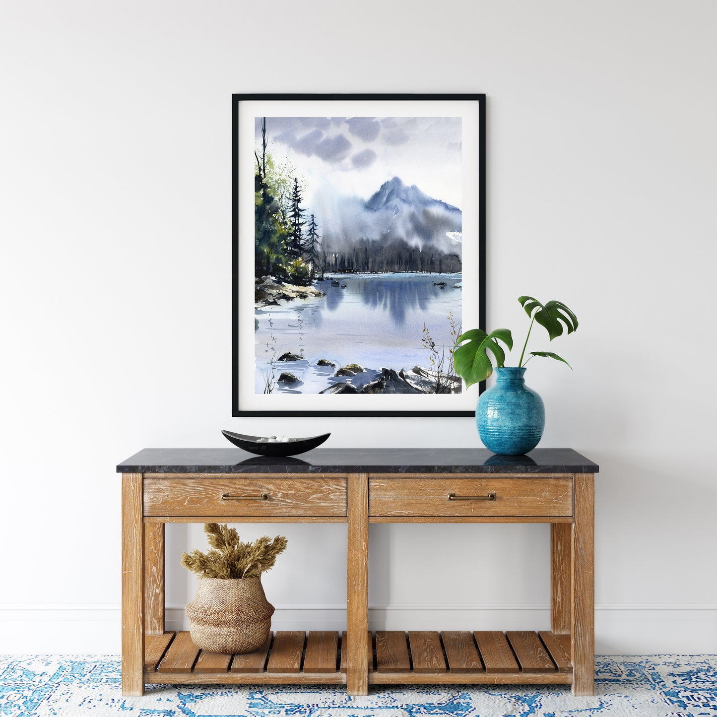 Mountain Print, Nature Wall Decor, Abstract Landscape With Lake, Painting, Office & Home Decoration, Giclee Art Print