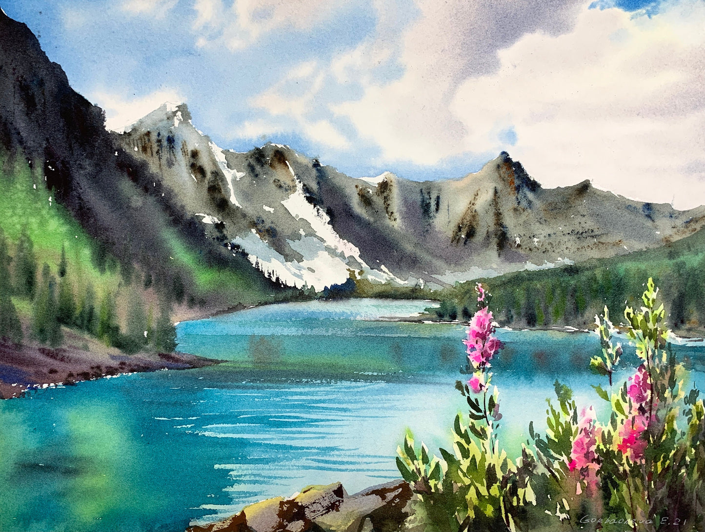 Turquoise Lake Painting Original, Watercolor Mountain, Landscape Wall Art, Mountains, Nature Decor, Wildflowers