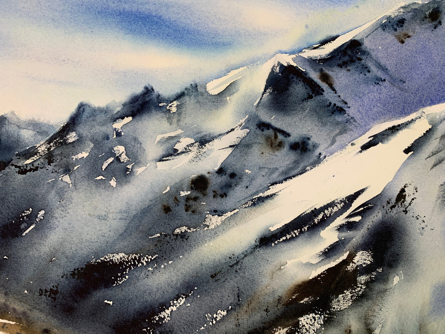 Snowy Mountains Painting, Watercolor Landscape Original, Abstract Mountain, Modern Bedroom Wall Art, Scenery Painting