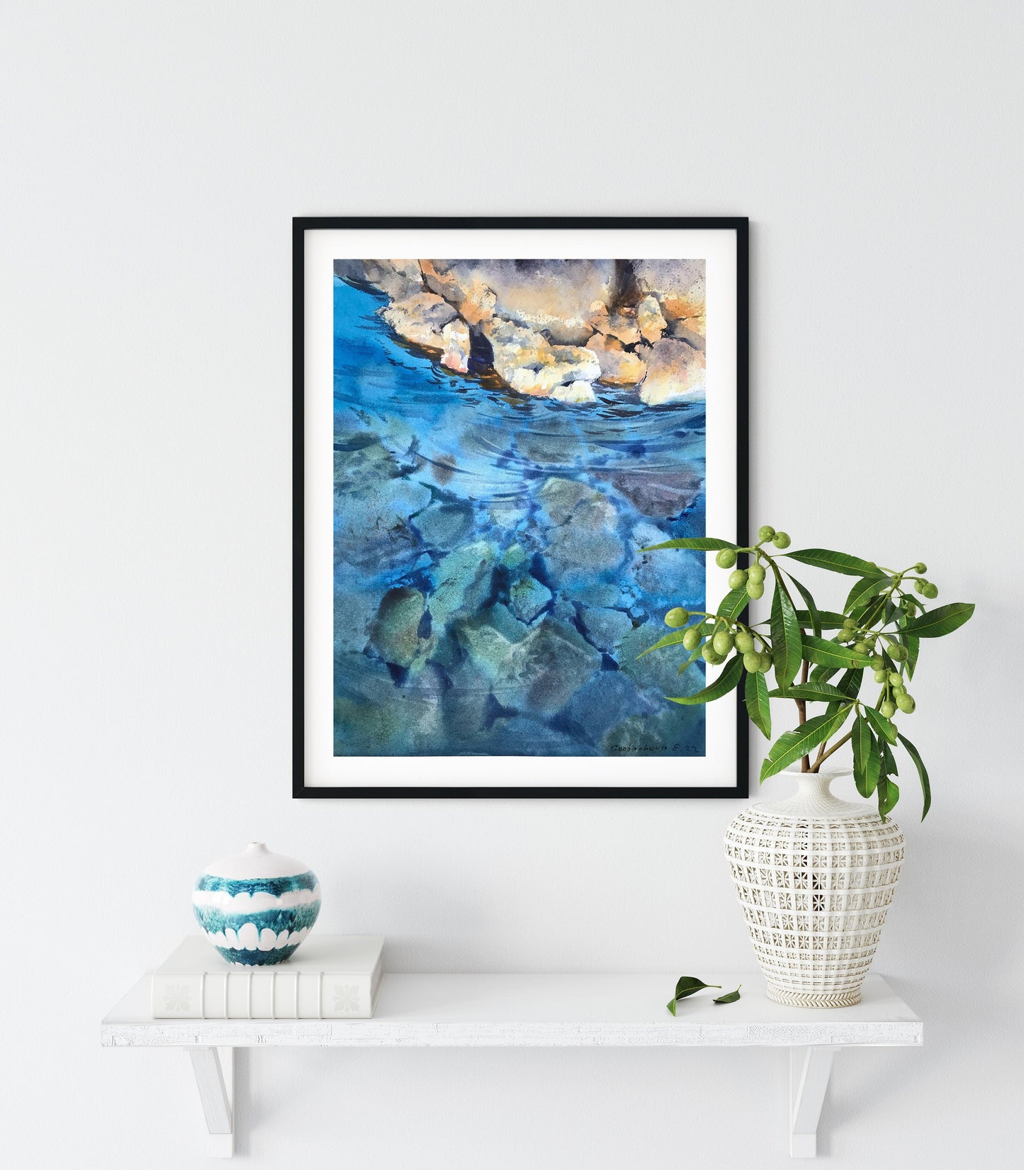 Watercolor Sea Painting, Original Artwork, Underwater Stones Art, Coast, Hand-painted Seascape, Ocean Room Wall Decor