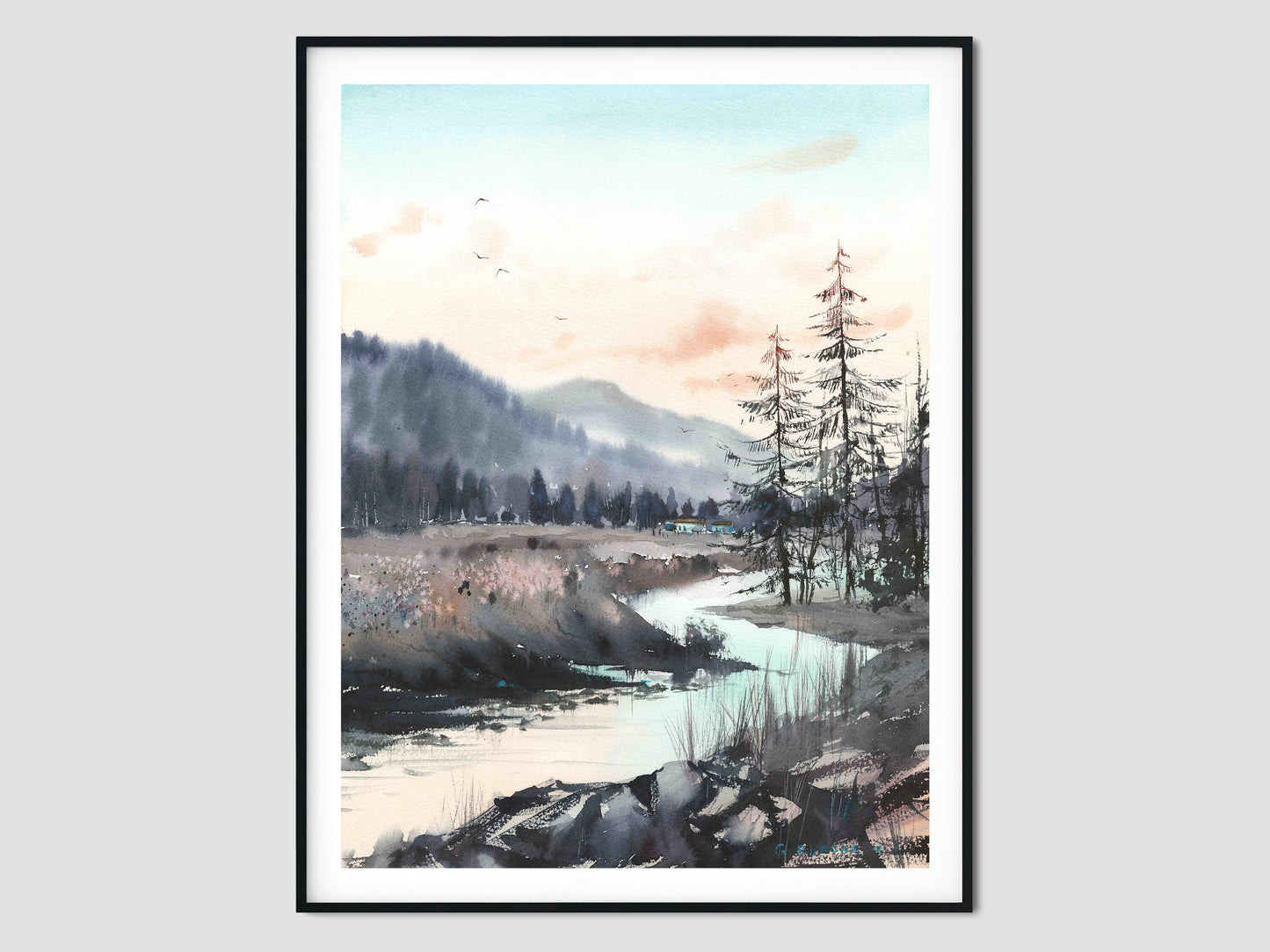 Nature Art Print, Mountain Wall Art Decor, Pine Forest Painting, Impressionist Landscape With River, Giclee Art Print