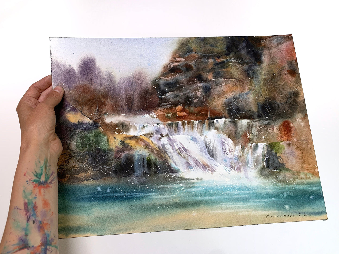 Nature Waterfalls Painting Watercolor Original, Island Beautiful Landscape, Home Wall Art Decoration, Gift For Husband