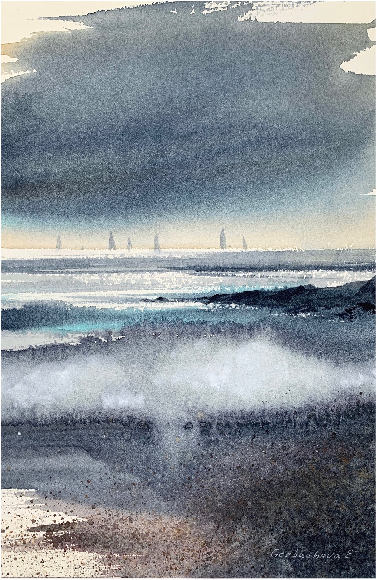 Abstract Nordic Seascape Painting Watercolor Original, Northern Sea, Ocean Wave Wall Art, Contemporary Art, Wall Decor