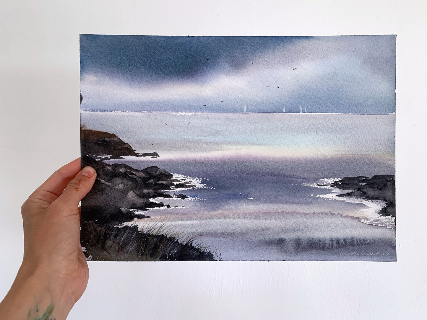 Nordic Sea Small Painting, Original Watercolor, Abstract Northern Seascape, Yachting Art, Contemporary Wall Art Decor