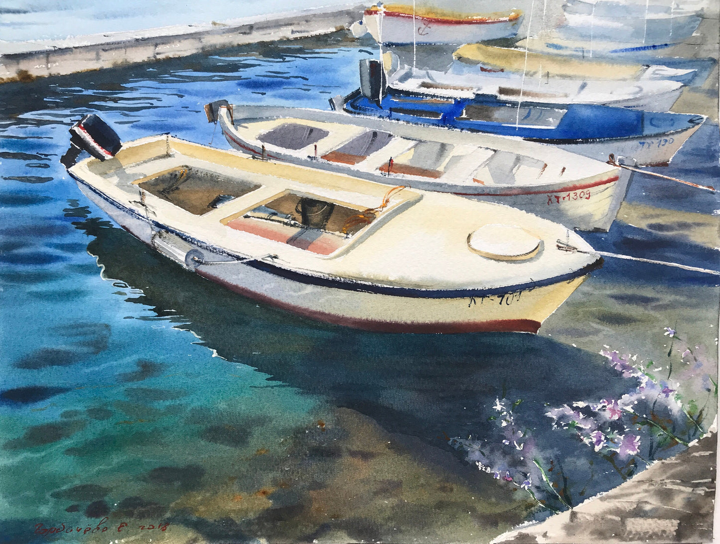 Motorboat Painting Watercolor Original, Nautical Wall Art, Fishing Boat, Pier Artwork, Seascape, Coastal Room Decor