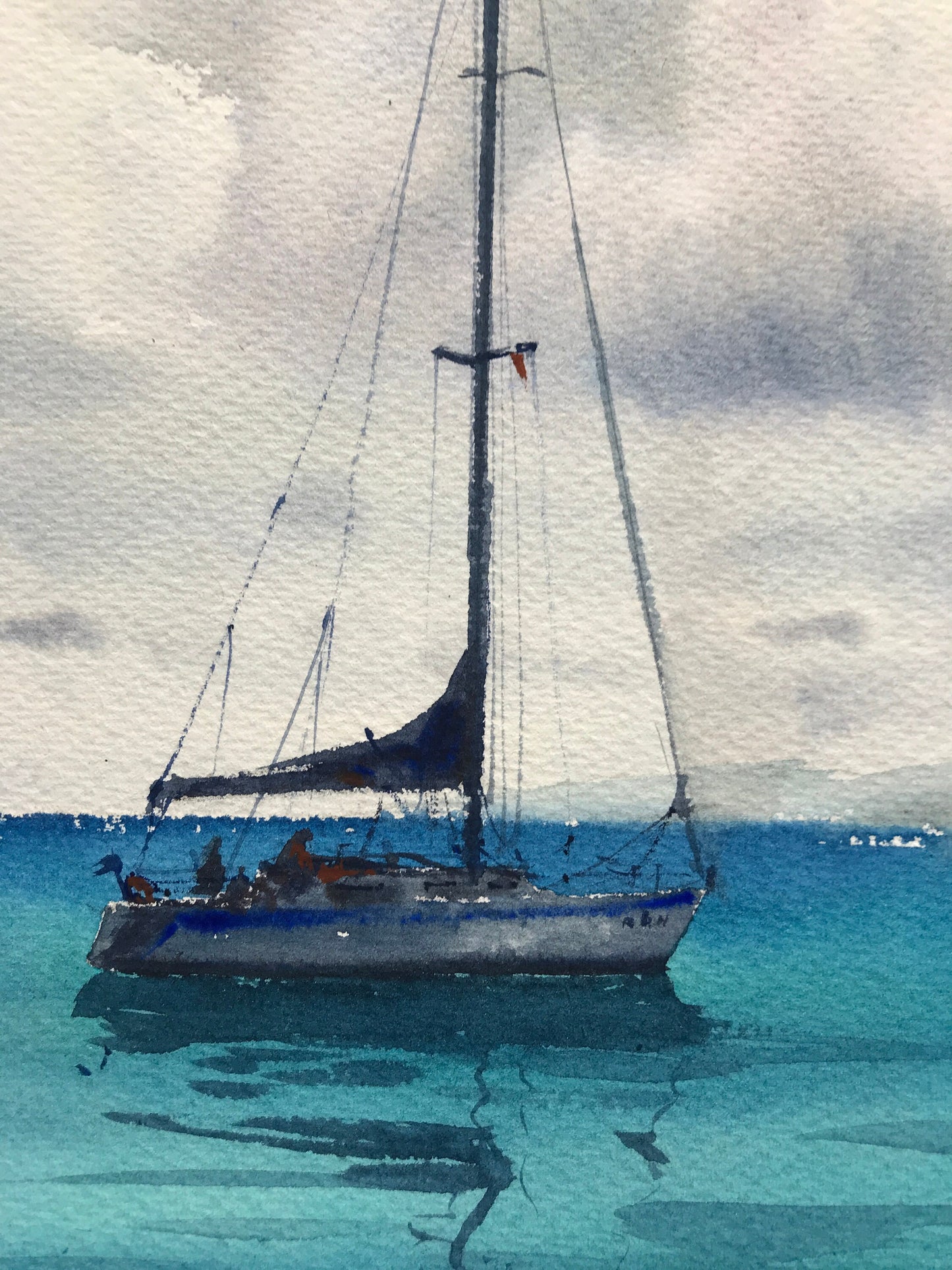 Sailboat Painting Original, Watercolour Seascape One Of a Kind Artwork, Gift for Him, Blue Sea, Yachting Art