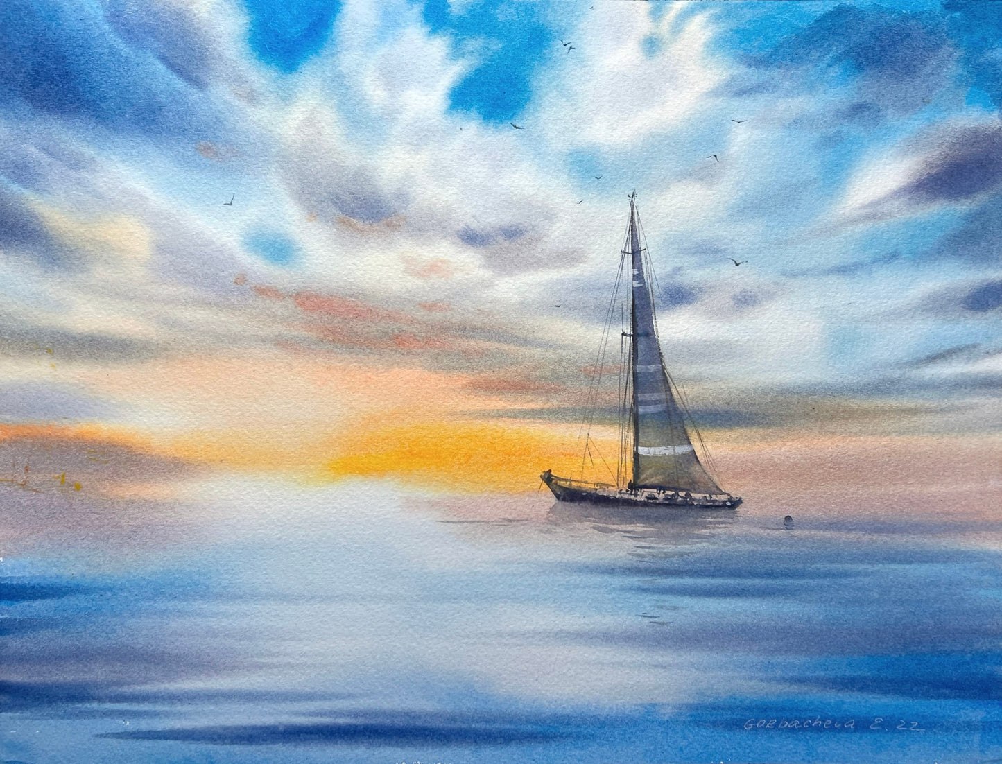 Watercolor Sailboat Painting Original, Sea Art, Coastal Sunrise, Yacht Bedroom Wall Decor, Gift For Him, Blue, Orange