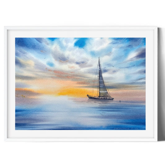 Watercolor Sailboat Painting Original, Sea Art, Coastal Sunrise, Yacht Bedroom Wall Decor, Gift For Him, Blue, Orange