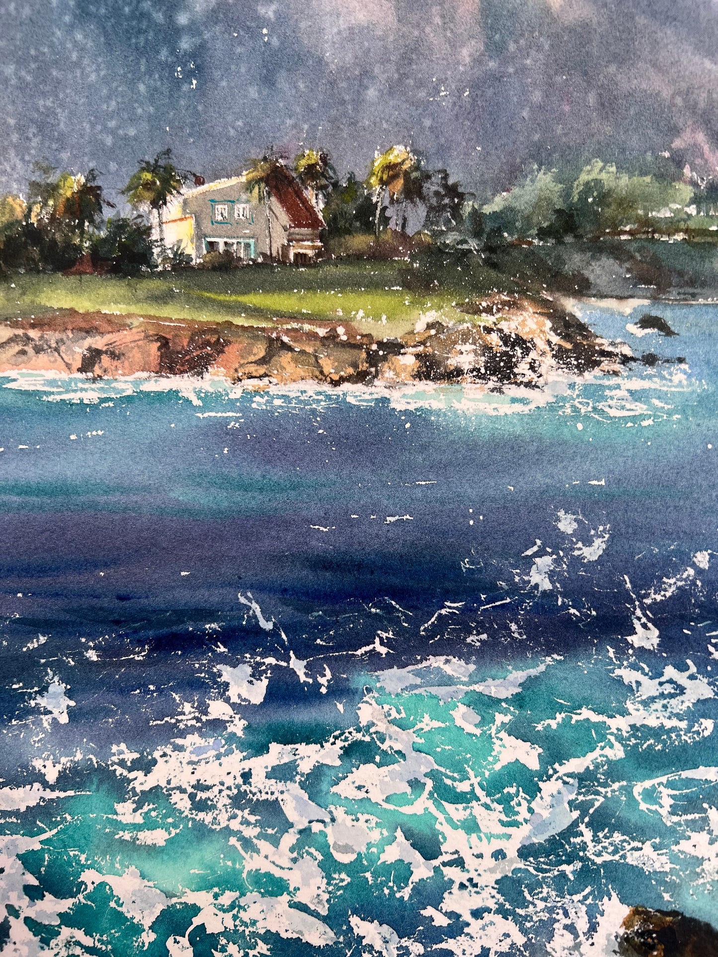 Coastal House Painting Original Watercolor, Sea Waves Art, Seascape Bedroom Wall Decor, Gift for Her, Blue Sea Coast