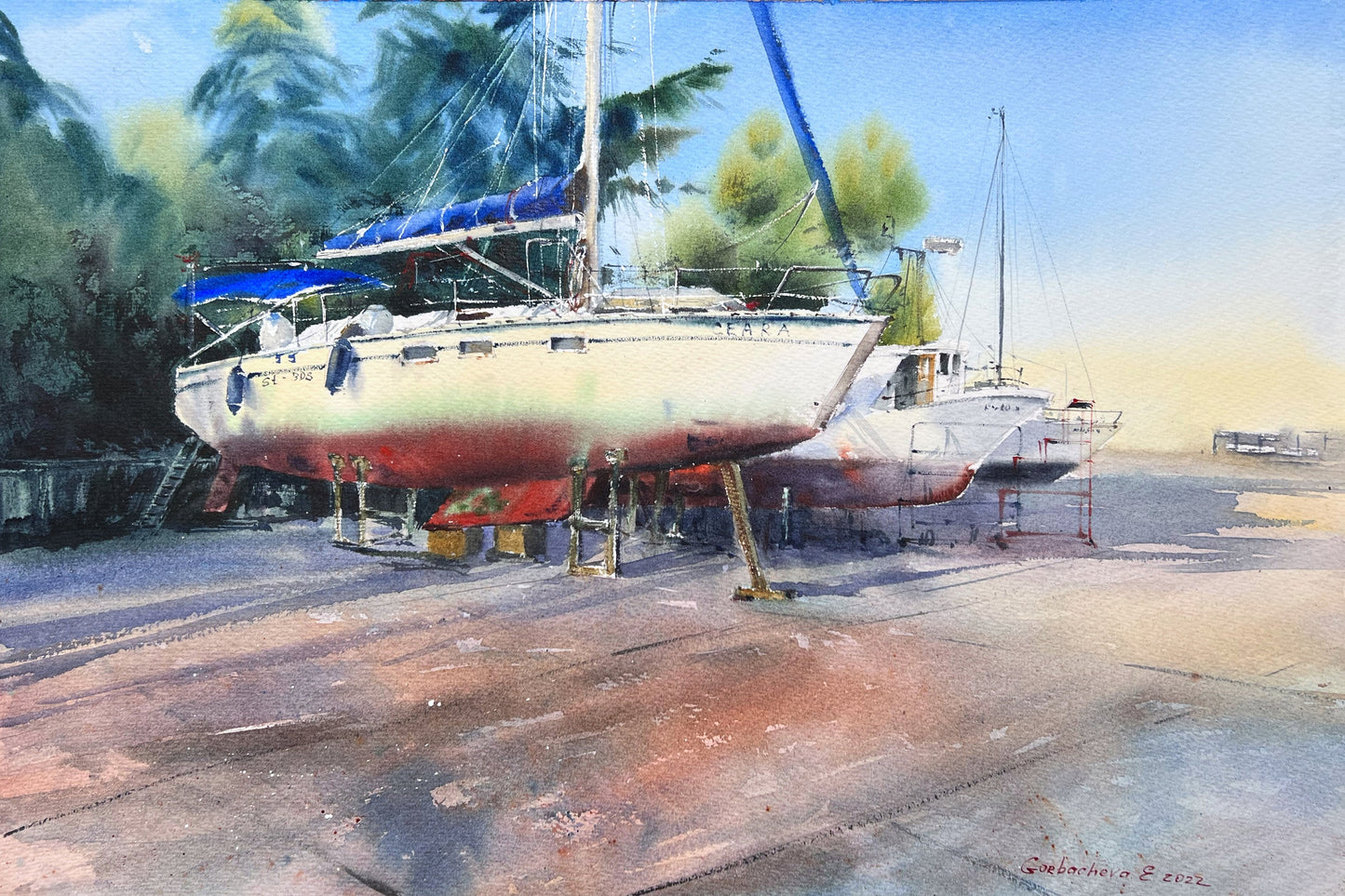 Marina Watercolor Painting Original, Sailing Art - "Yachts are Resting" - 15x22 in