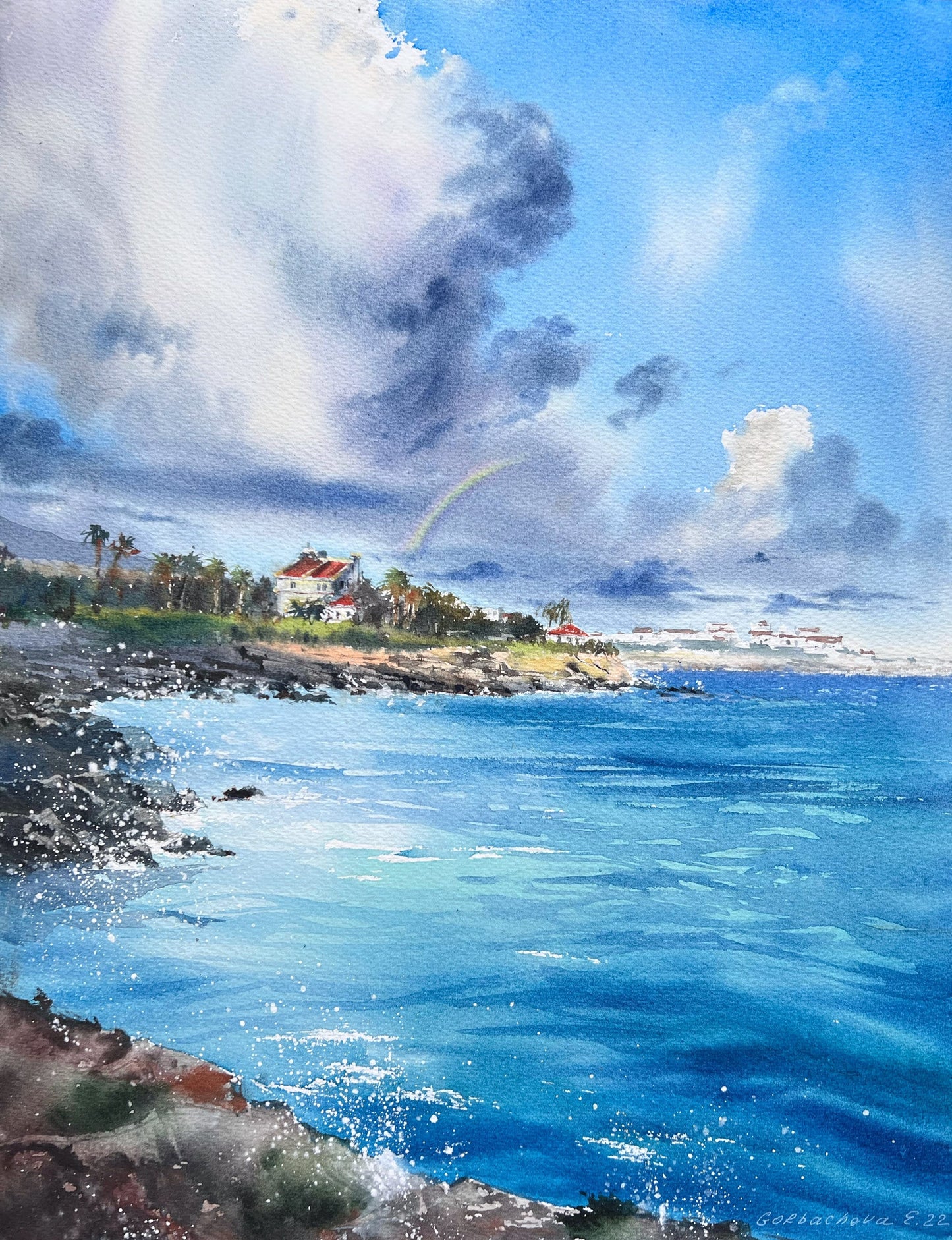 Watercolor Coastal House Painting Original, Seascape Art, Blue Sea, Wave Bedroom Wall Decor, Gift for Sea Lover, Rainbow