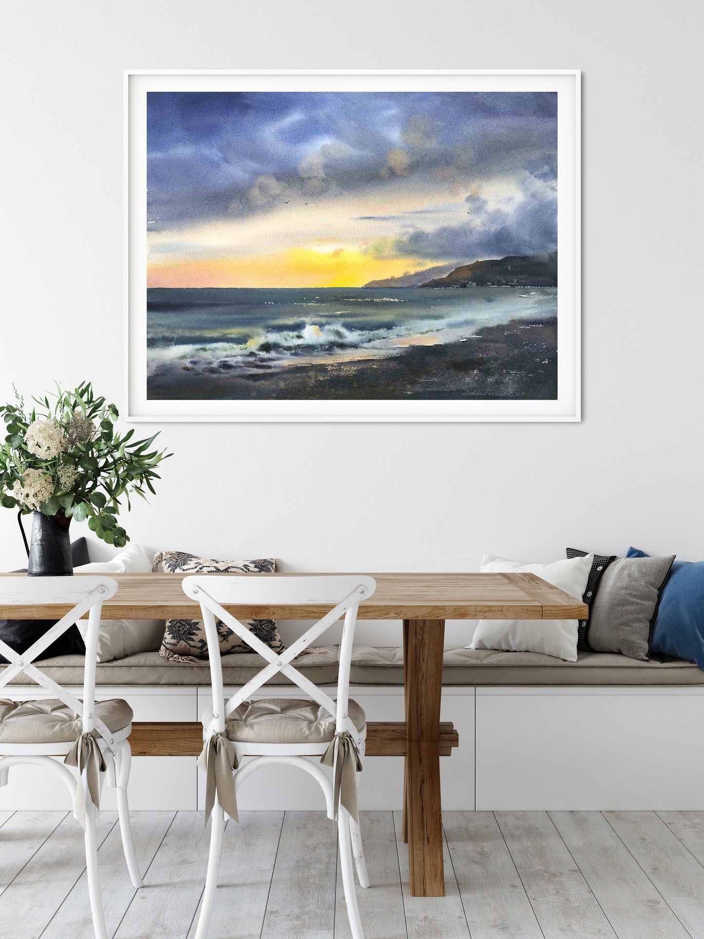 Sea Sunset Art Print, Coastal Wall Decor, Ocean Wave Living room Decoration, Watercolor Beach, Canvas Painting, Clouds