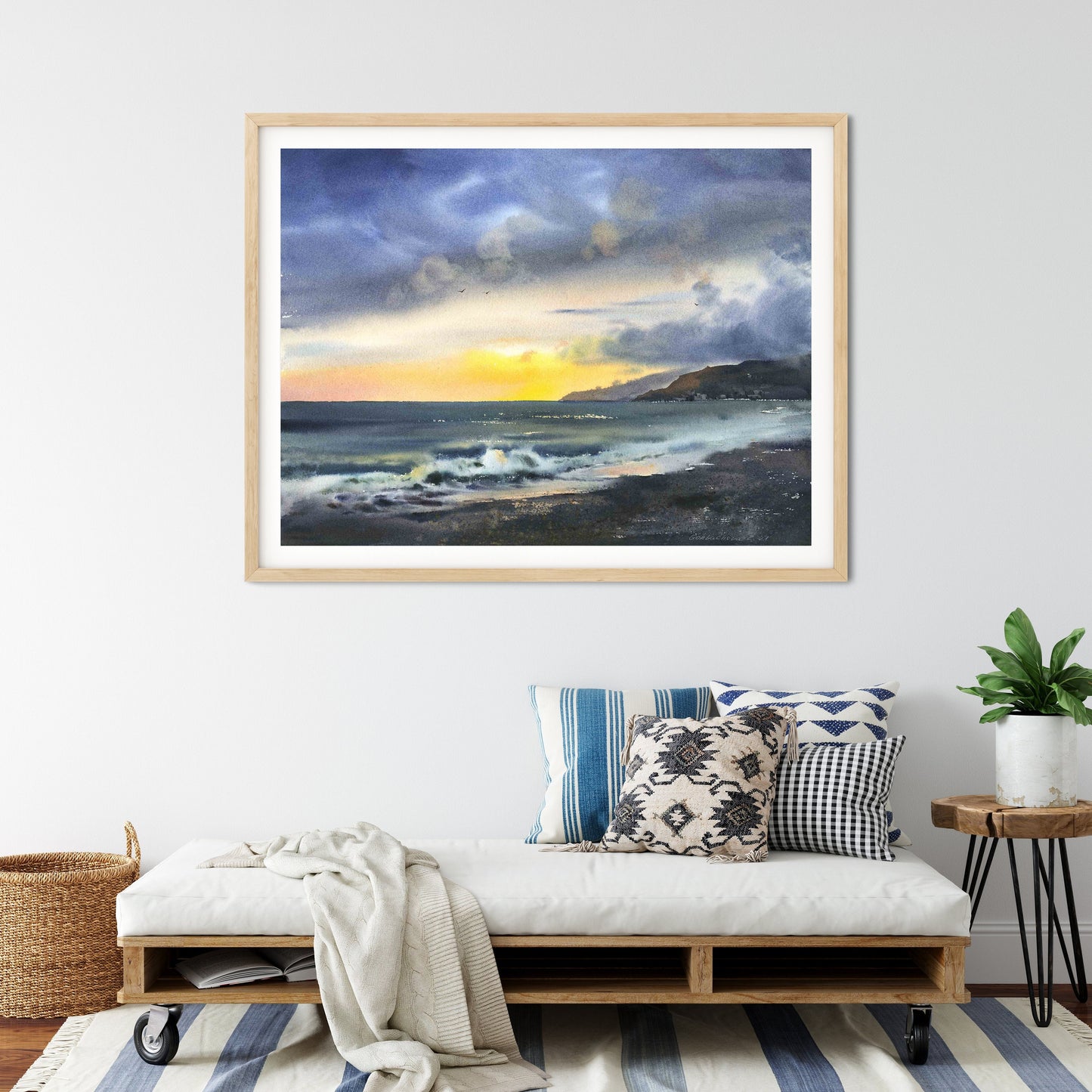 Sea Sunset Art Print, Coastal Wall Decor, Ocean Wave Living room Decoration, Watercolor Beach, Canvas Painting, Clouds