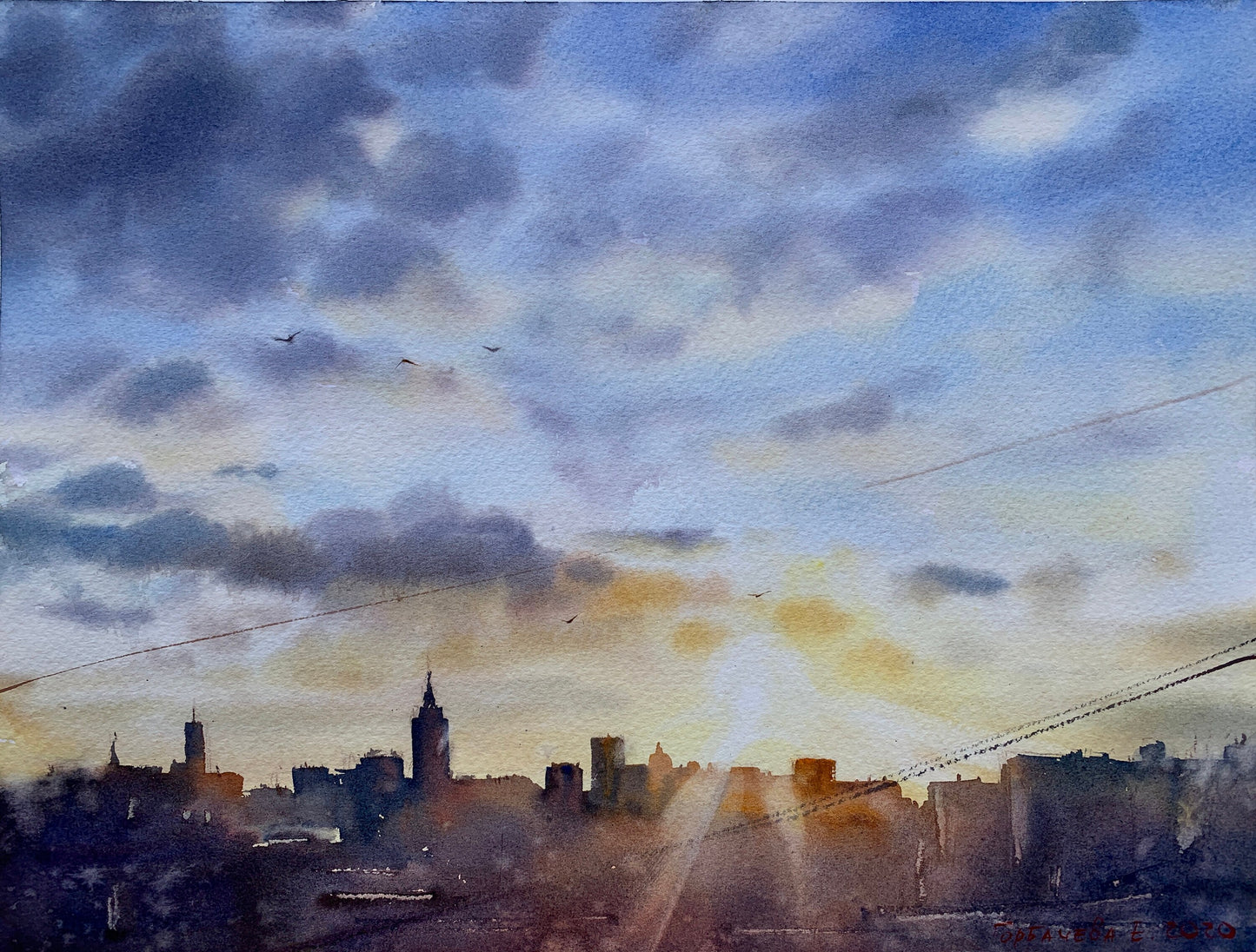 City Sunrise Painting Original Watercolor, Architecture Art, Cityscape Wall Art, Gift, Clouds, Sky, Buildings