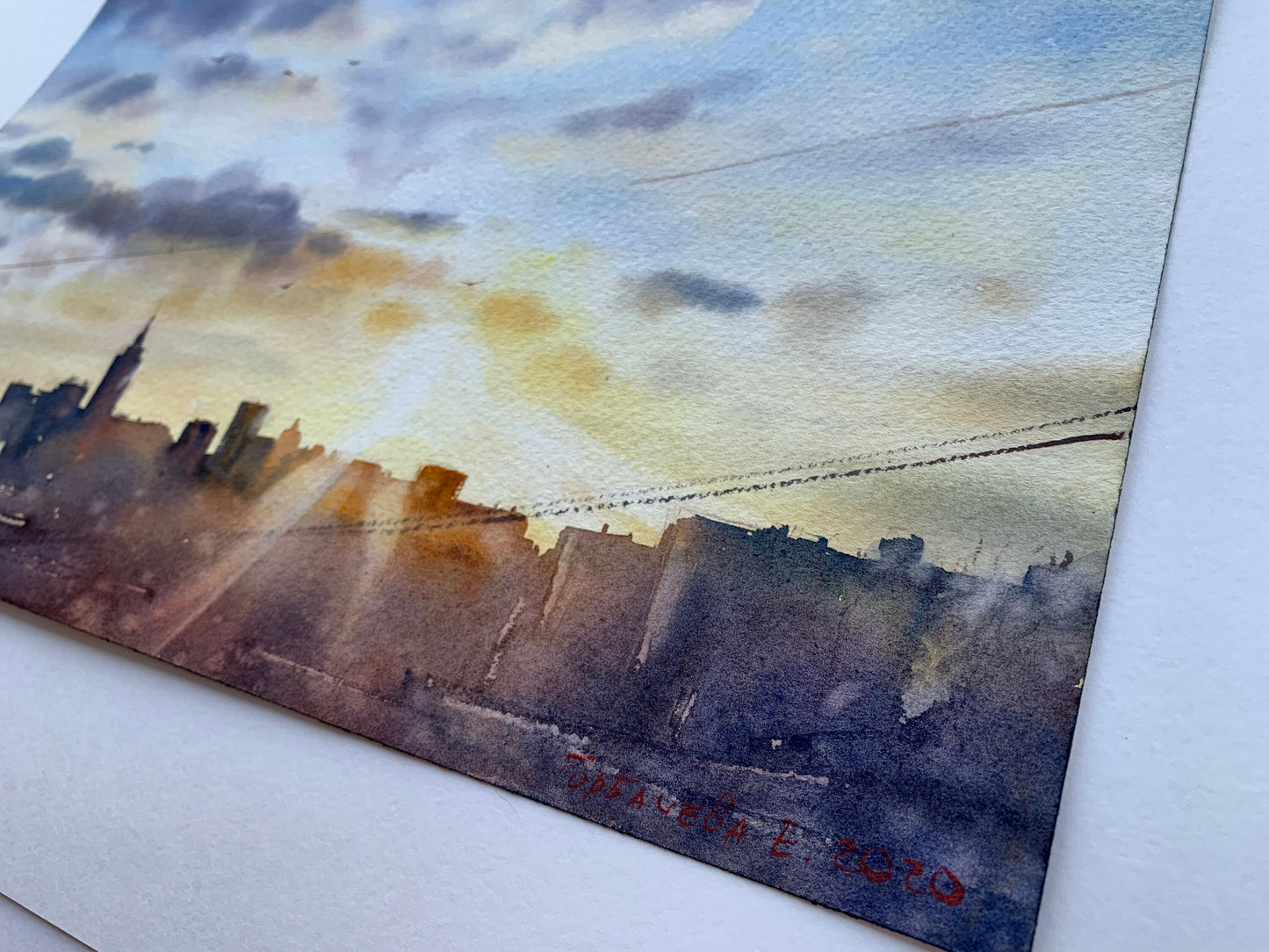 City Sunrise Painting Original Watercolor, Architecture Art, Cityscape Wall Art, Gift, Clouds, Sky, Buildings