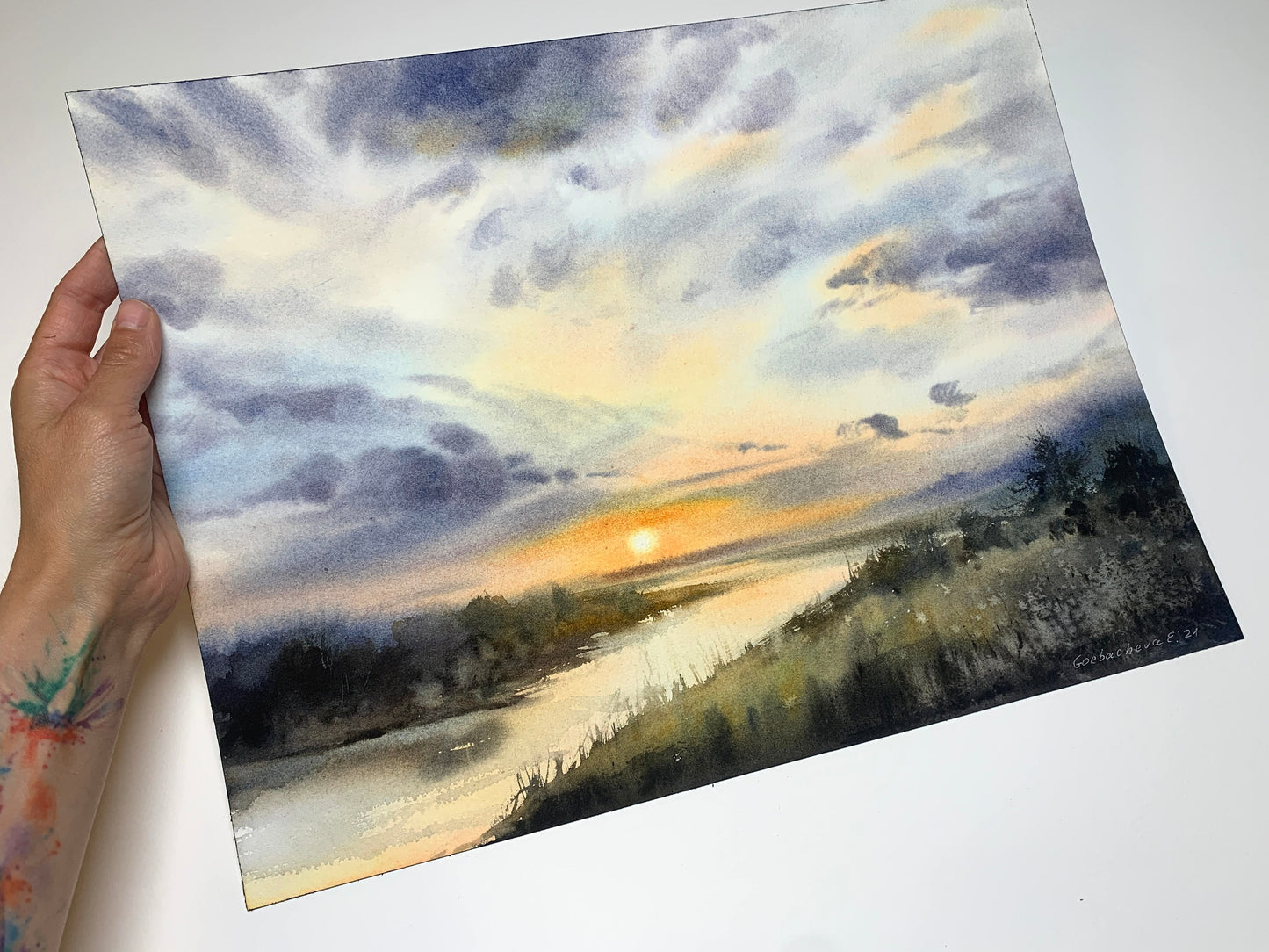 Rural Landscape Painting, Country Field Watercolor Original, Nature Art, Sunset River Wall Decor, Cloud Sky, Gift